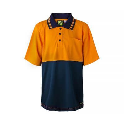 Workcraft-HiVis-Kids-Short-Sleeve-Polo-Shirt-Orange-Navy-Front